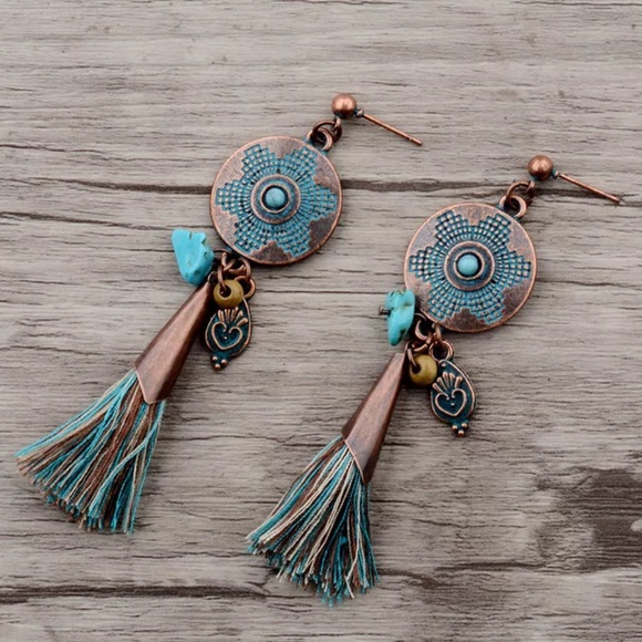 Jewelry - Copper Drop Ethnic Stone Tassel Earrings